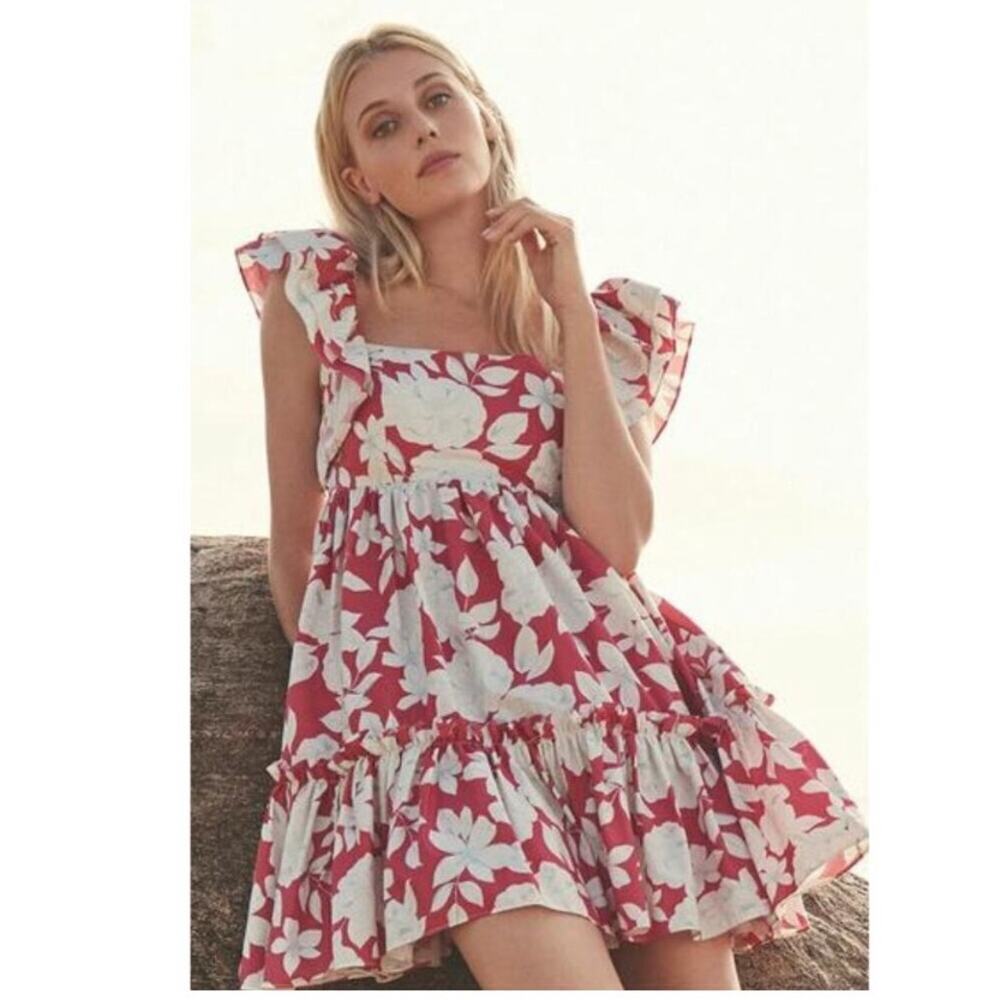 CARA CARA Lexa Floral Tiered Smocked Mini Dress Raspberry Pink White,Large